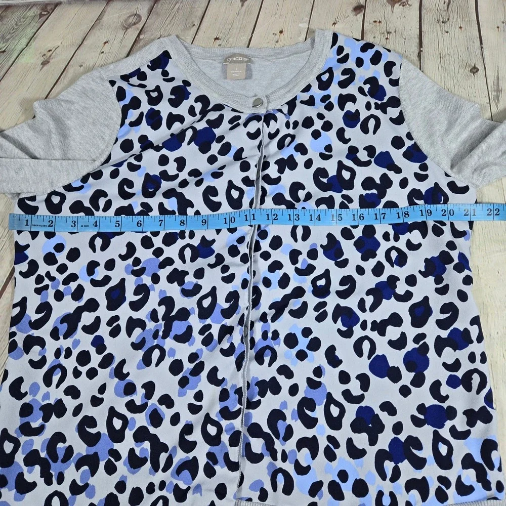 Chico's Grey Blue Leopard‎ Print Mixed Media Button Front Cardigan Sweater M